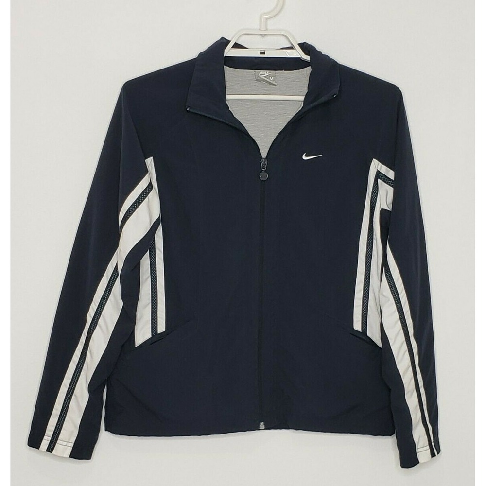 Nike Womens Jacket Med 8-10 Navy White‎ Cotton Lined Full Zip Light Windbreaker